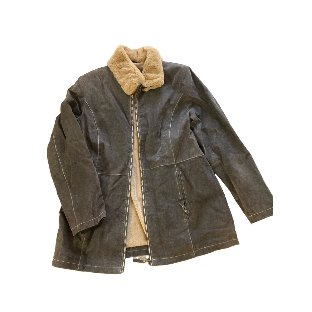 Liz Phillips Collection Vtg Leather Coat Womens Sz L Brown Fur Trim Western
